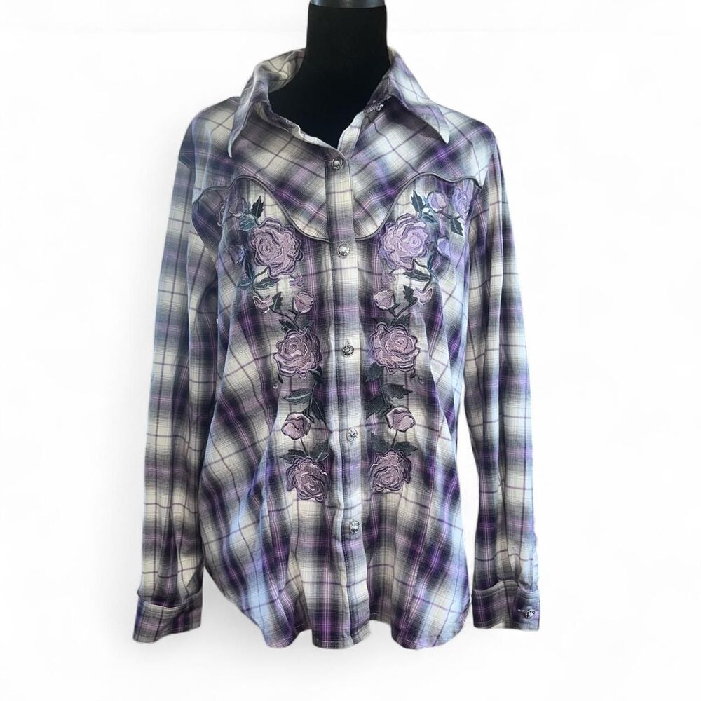 DG2 Diane Gilman Women's Purple Flannel Western Long Sleeve with Embroidery